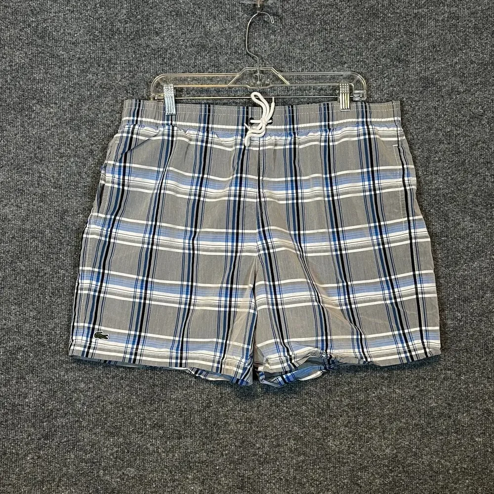 Lacoste Swim Trunks Mens XL Gray Blue Plaid Board Shorts‎ Croc Beach Surf